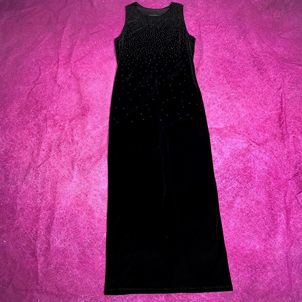 Vintage 90s Byer Studio Maxi Embellished Dress Women's Velvet Black Sleeveless T